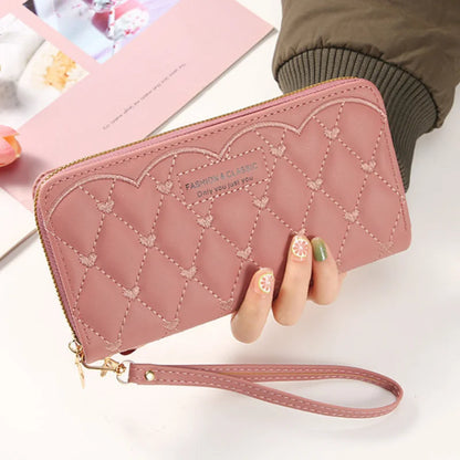 High Brand Pu Leather Long Wallets For Women Credit Card Holder Zipper Clutch Purses Heart Embroidery Money Bag Wallet