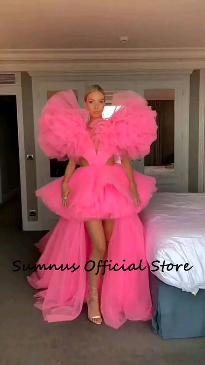 Pink Prom Dresses Deep V Neck High Low Special Occasion Fashion Gowns Backless Sexy Pageant Dress Tiered Tulle Long Prom Gown