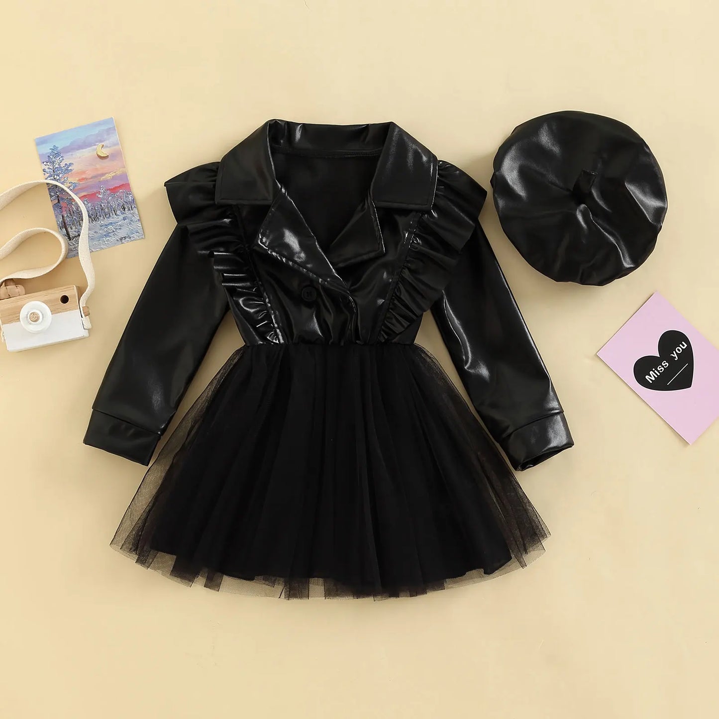 Toddler Kids Baby Girls Spring Autumn A-line Dress Long Sleeve Lapel PU Leather Tulle Patchwork Dress with Hat 3-7T