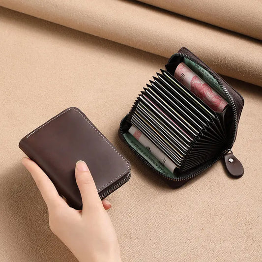 Multi Slot Card Holder Vintage Small Wallet Women Men Business Bank Credit Card Bag Male Coin Pouch Solid Leather Zipper Wallet