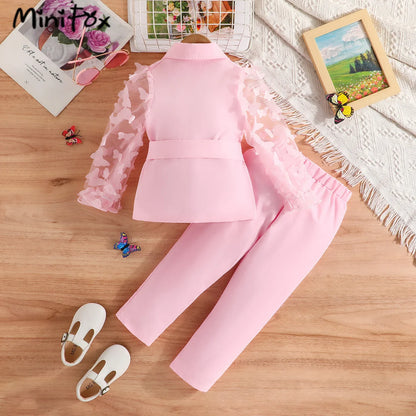 MiniFox Kids Clothes Girls Blazer Outfit Sets Butterfly Sleeve Blazer Top and Beading Pants and Summer Suit Set For Girls