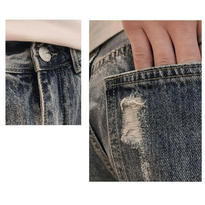 Summer Ripped Holes Denim Shorts Mid-rise Pockets Zipper Button Fly Straight Leg Knee Length Men Short Jeans Streetwear