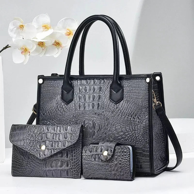 3 Pieces Sets Shoulder Bag for Women Retro Crocodile Pattern High Quality Leather Luxury Designer Crossbody Commute Tote Handbag