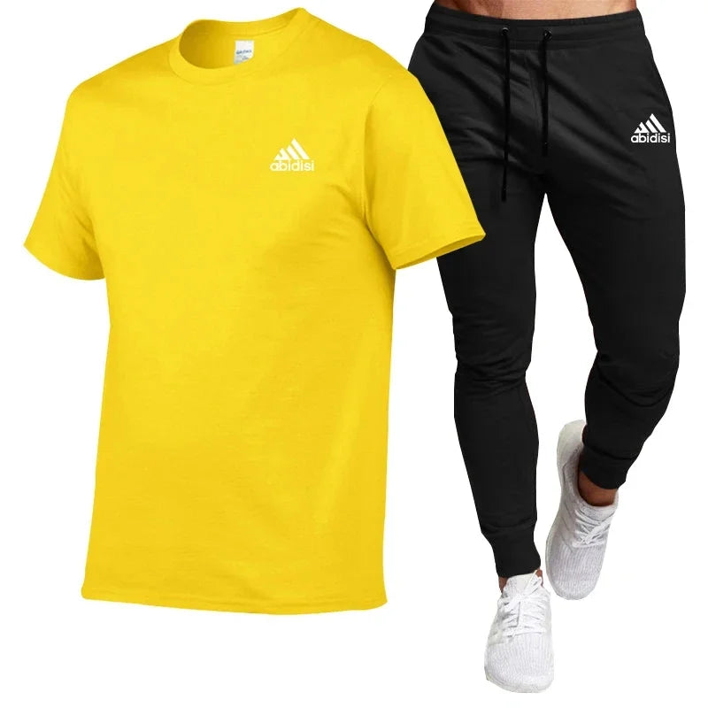 Men's summer fashion comfort clothing Cotton T-shirt short-sleeved top + black casual pants 2-piece fashion sportswear set