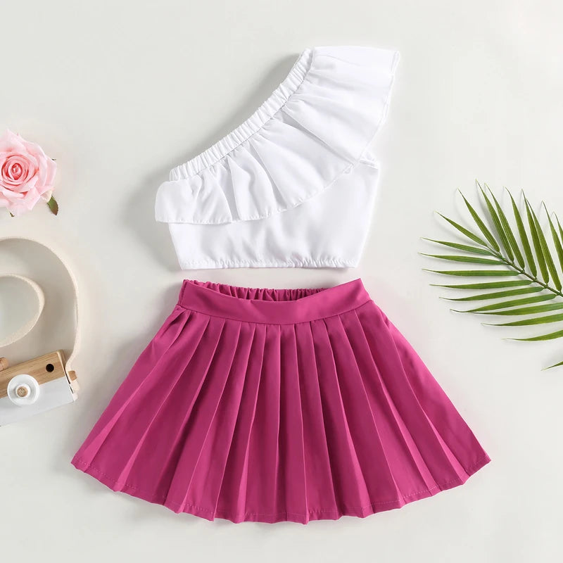 1-6Y Fashion Children Baby Girls Clothes Set Solid Color Sleeveless Ruffle Tank Tops + Pleated Skirt 2pcs Summer Outfit