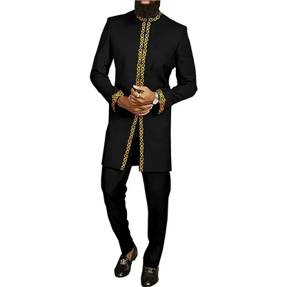 2024 Luxury Men's Suit Set Kaunda Suit Tuxedo Outfits Pocket Top Pants African Ethnic Wedding Gentleman 2pcs Sets Suit Outfits