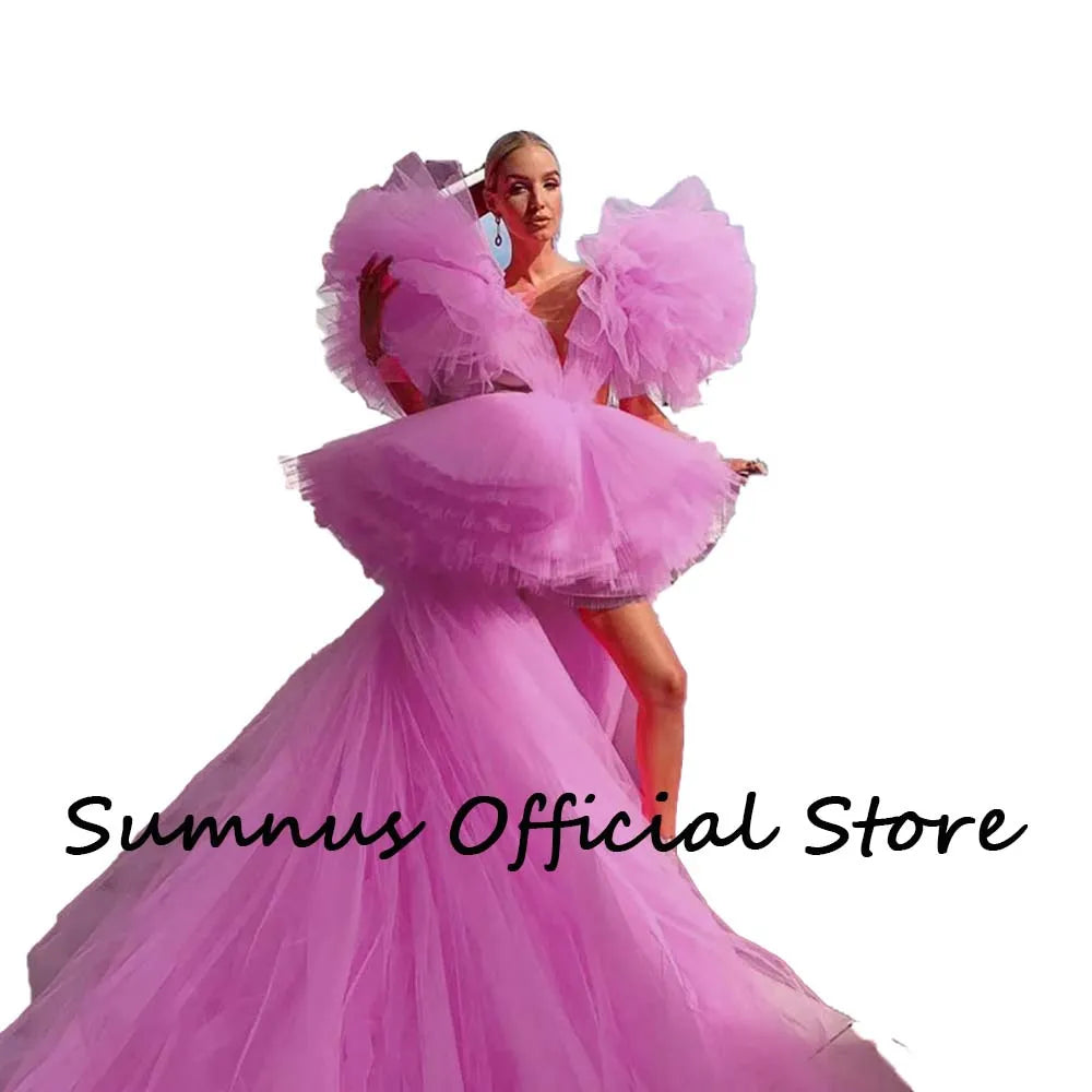 Pink Prom Dresses Deep V Neck High Low Special Occasion Fashion Gowns Backless Sexy Pageant Dress Tiered Tulle Long Prom Gown