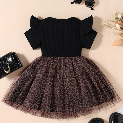 Kids Girls Casual Dress Summer Clothes 2023 Short Sleeve Leopard Printed Ruffled Bowknot Mesh Patchwork Dress