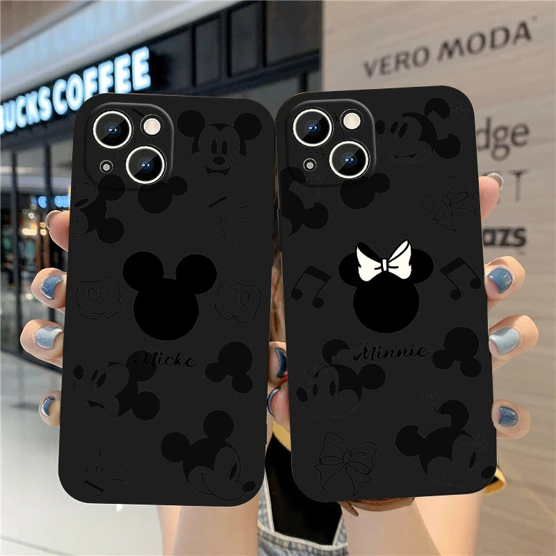 Mickey Minnie Mouse LOGO Reliefs Phone Case For Apple iPhone 15 14 13 12 11 XS XR X 8 7 Pro Max Plus mini Silicone Black Cover