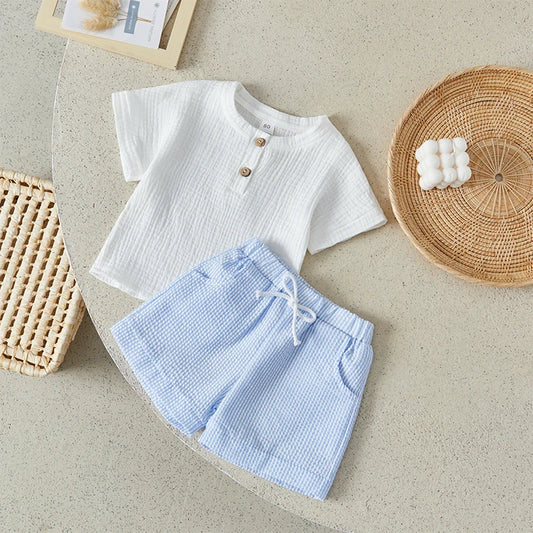 Suefunskry Toddler Boys Summer 2Pcs Casual Outfits Solid Color Short Sleeve Button Tops and Drawstring Striped Shorts Sets 6M-4Y