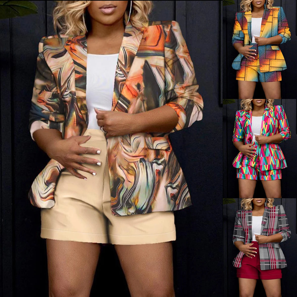 Casual Printed 2 Piece Sets Women Spring Autumn Long Sleeve Blazer Coat Bodycon Shorts Suit Two Piece Outfit Mini Color  new