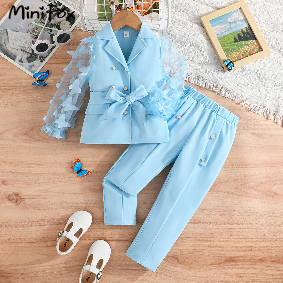 MiniFox Kids Clothes Girls Blazer Outfit Sets Butterfly Sleeve Blazer Top and Beading Pants and Summer Suit Set For Girls