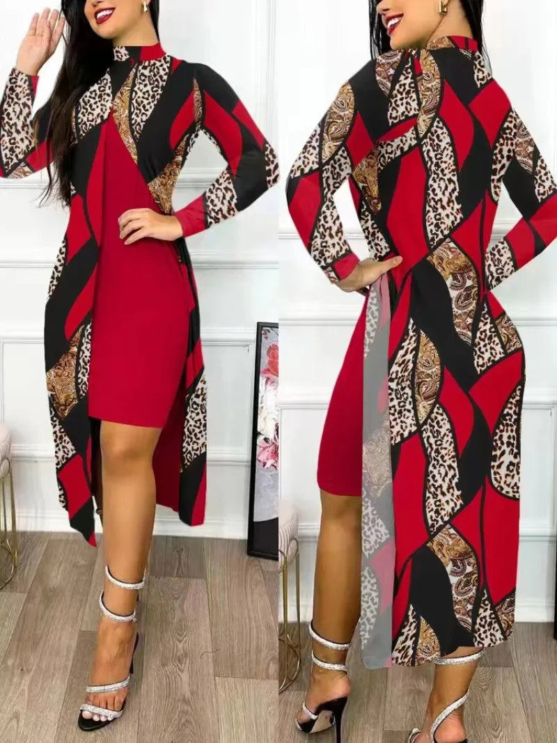 Two Piece Set Women Print Dresses Sets Full Sleeve Half High Collar Split Cardigan Dress Suits Elegant A Line Office Lady