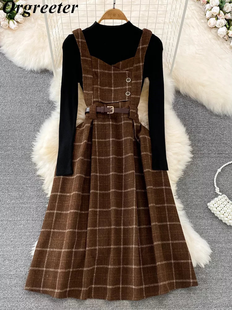 High Quality Fall Winter Women Sweater Overalls Dress Sets Casual Knitted Tops +Plaid Woolen Dress 2 Piece Sets Outfits Female