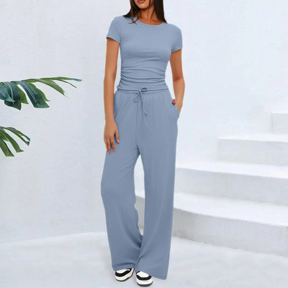 2024 Fashion Short Sleeve Leggings Outfits Suit Tracksuit Slim Crop Tank Top Wide leg Pant Set Bodycon 2Piece Women Top Pant Set