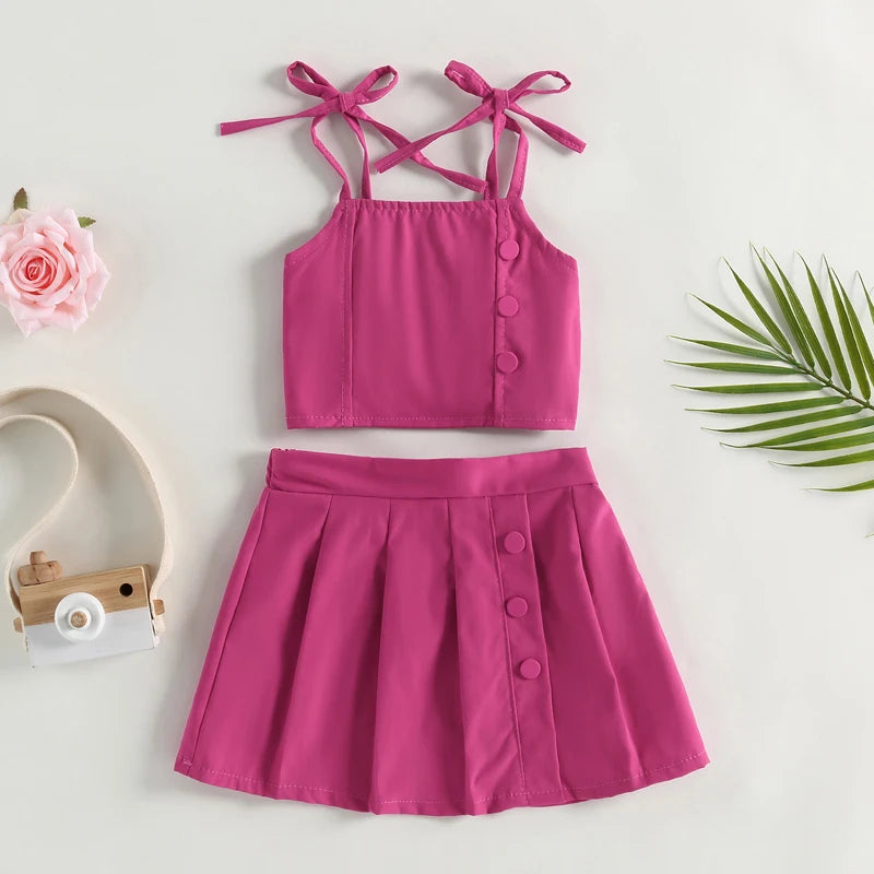 1-6Y Fashion Children Baby Girls Clothes Set Solid Color Sleeveless Ruffle Tank Tops + Pleated Skirt 2pcs Summer Outfit