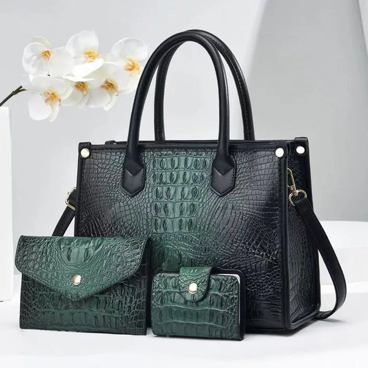 3 Pieces Sets Shoulder Bag for Women Retro Crocodile Pattern High Quality Leather Luxury Designer Crossbody Commute Tote Handbag